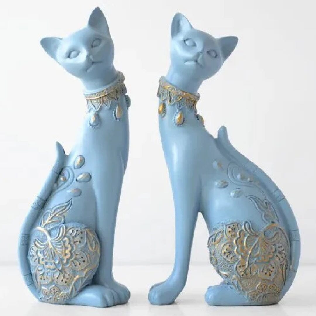 Escultura Felinos Egípcios em Resina YuDome Azul 