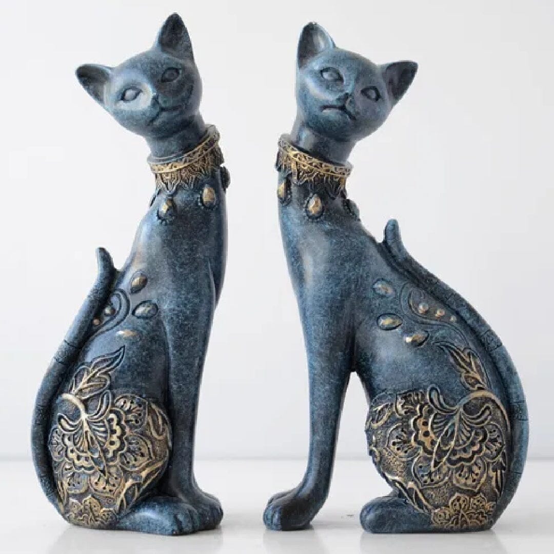 Escultura Felinos Egípcios em Resina YuDome Azul-marinho 