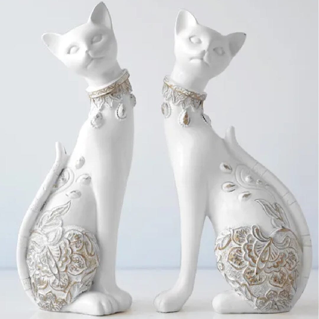 Escultura Felinos Egípcios em Resina YuDome Branco 