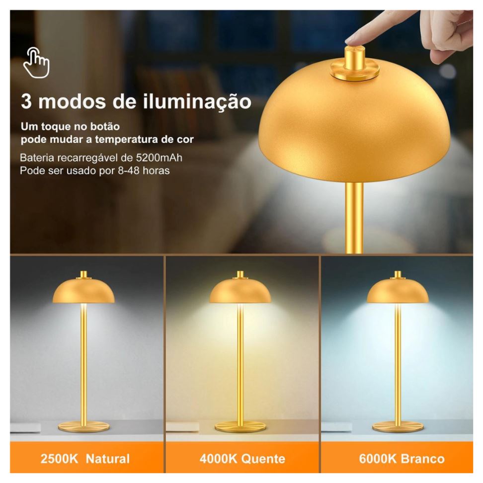 Luminária Abajur de Mesa Candeeiro Touch Mush Gold YuDome 