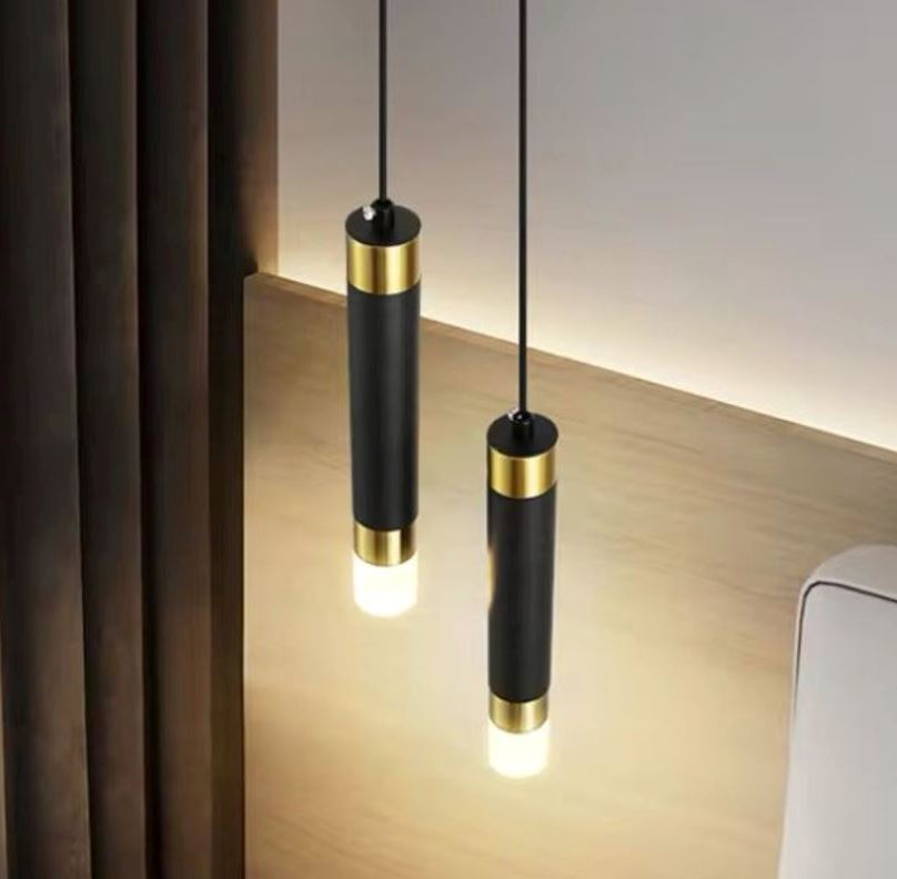 Lustre Pendente Cilindric Duplo em LED Pendente - 0004 YuDome Preto e Dourado Quente 