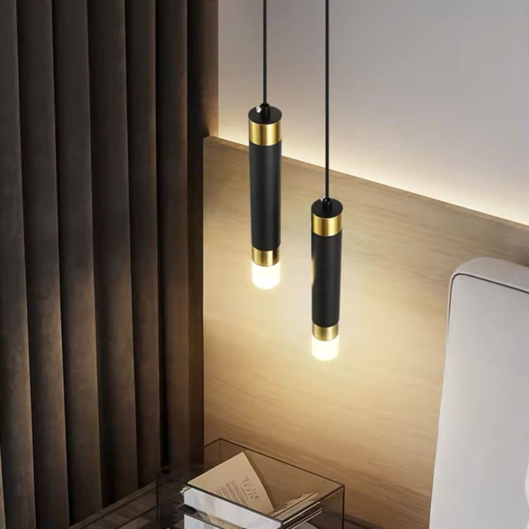 Lustre Pendente Cilindric Duplo em Led Pendente - 0004 YuDome Preto e Dourado Quente 