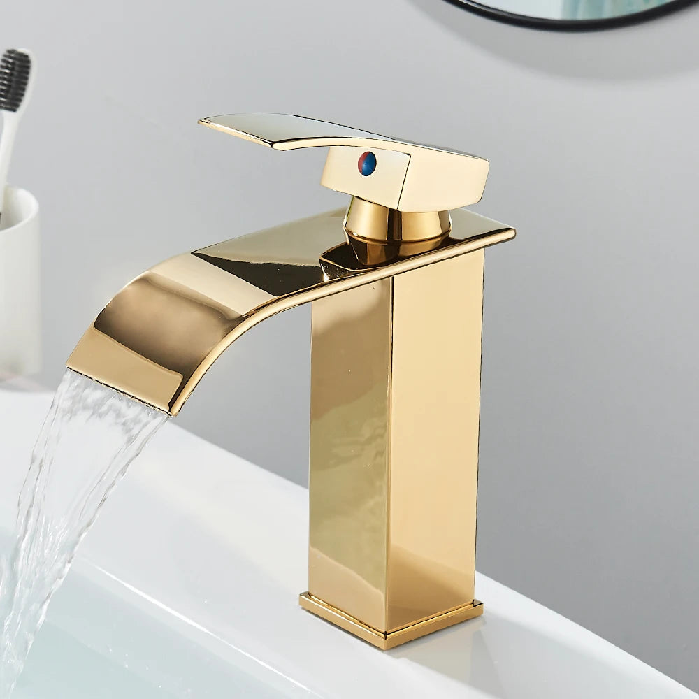 Torneira Monocomando Cascata Slim - Aço inoxidável e Água Quente e Fria TorneiraLavabo - 0009 YuDome Dourada 19 CM 